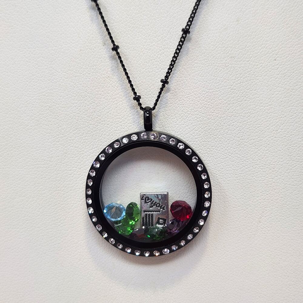 Origami Owl Black Hinge Round Locket Necklace Clear Crystal Border Love Postcard